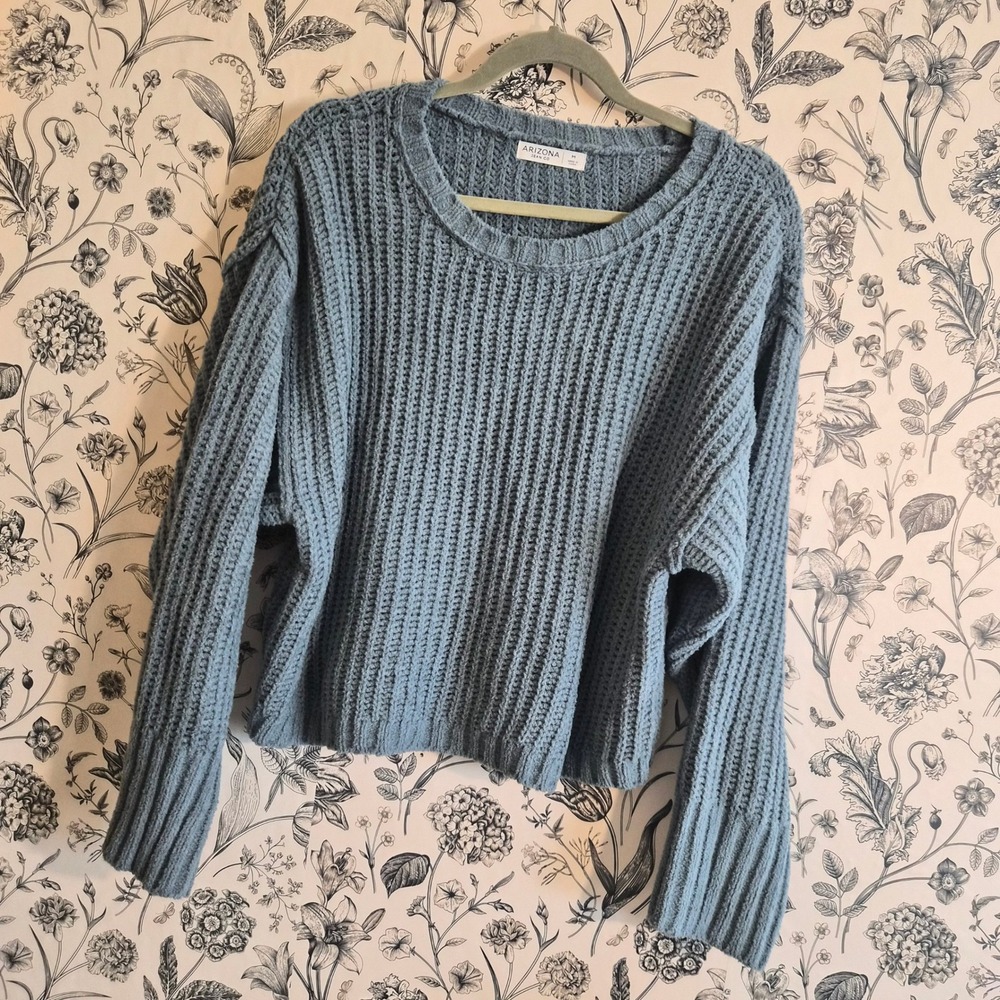 Arizona Jean Co Blue Chenille Ribbed Crew Neck Sweater Womens Medium Minimalist